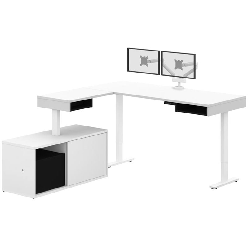Bestar Pro-Vega L Shaped Adjustable Standing Desk with Credenza and Monitor Arms