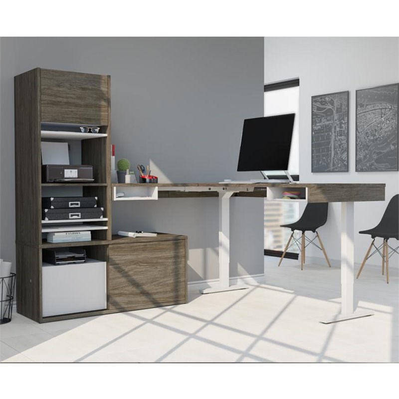 bestar provega l shaped adjustable standing desk with tower credenza