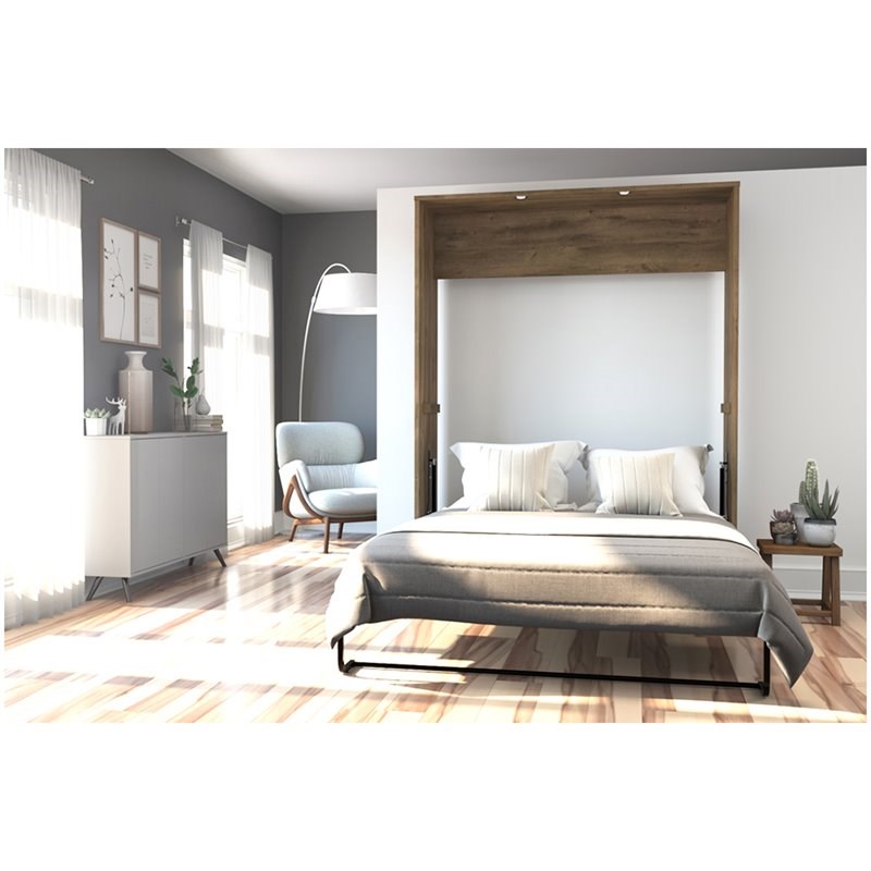 Bestar Cielo Queen Wall Bed in Rustic Brown and White