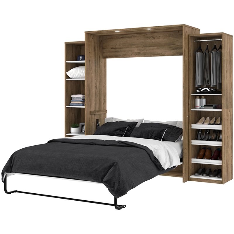 Bestar Cielo Classic 3 Piece Queen Wall Bed in Rustic Brown and White
