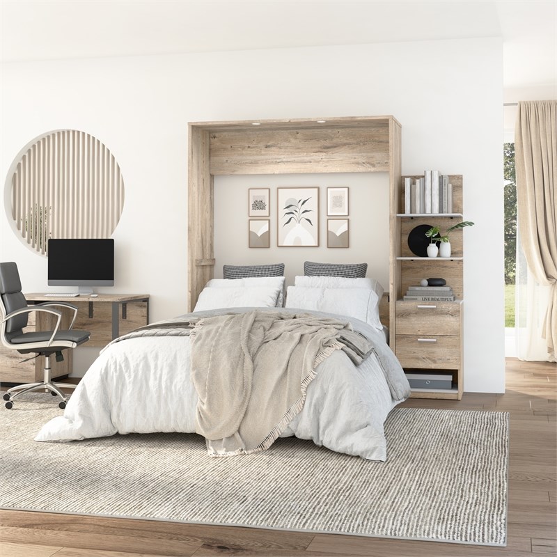 Bestar Cielo Elite 2 Piece Queen Wall Bed in Rustic Brown and White