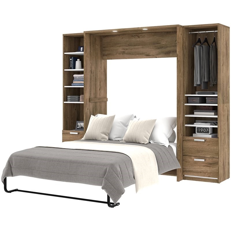 Bestar Cielo Premium 3 Piece Full Wall Bed in Rustic Brown and White