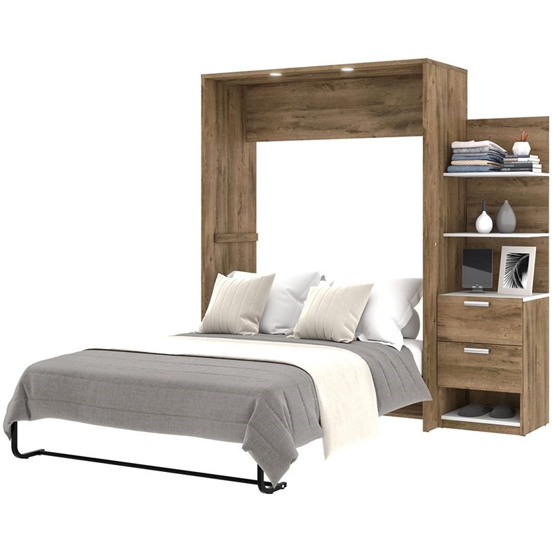 Bestar Cielo Elite 2 Piece Full Wall Bed in Rustic Brown and White