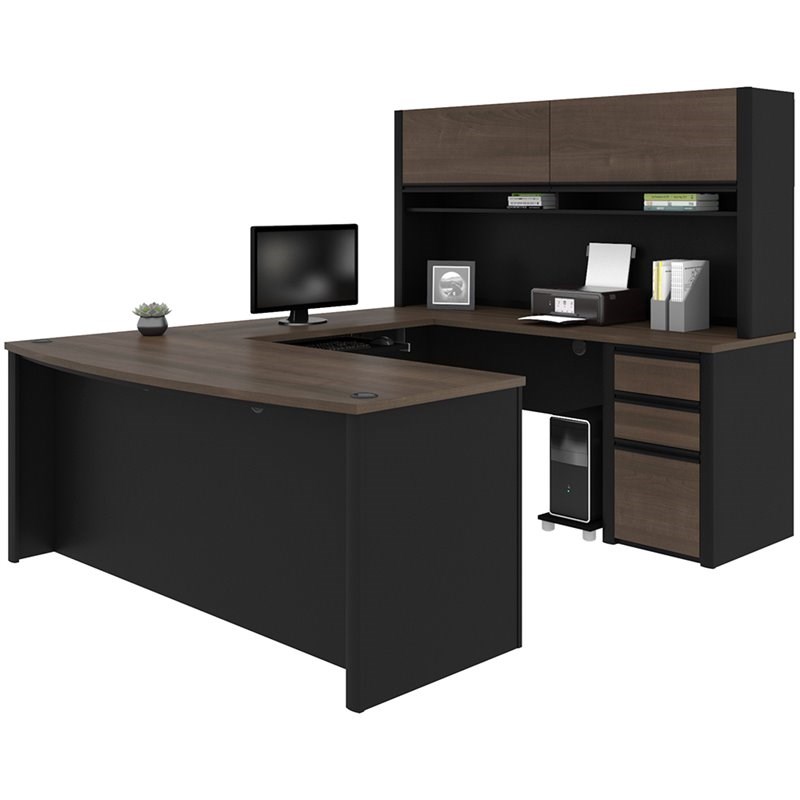 Bestar Connexion 6 Piece U Shaped Computer Desk with Hutch in Antigua and Black
