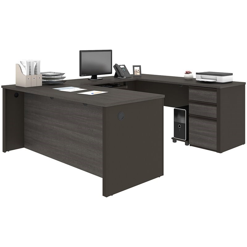 Bestar Prestige Plus 5 Piece U Shaped Computer Desk in Bark Gray and Slate