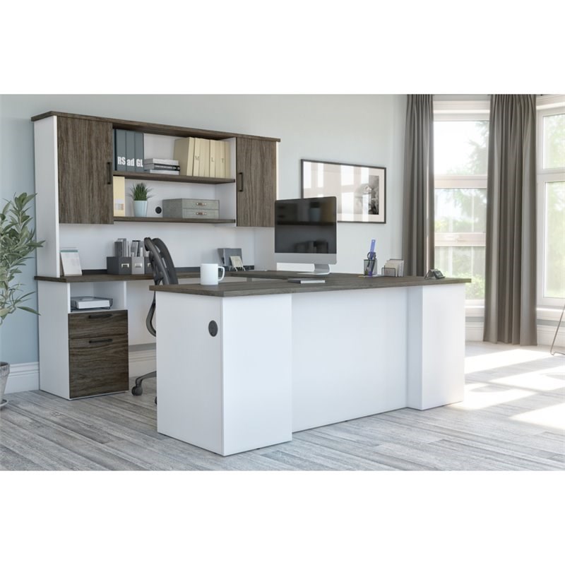 Bestar Norma Transitional Engineered Wood Computer Desk in Walnut Gray and White