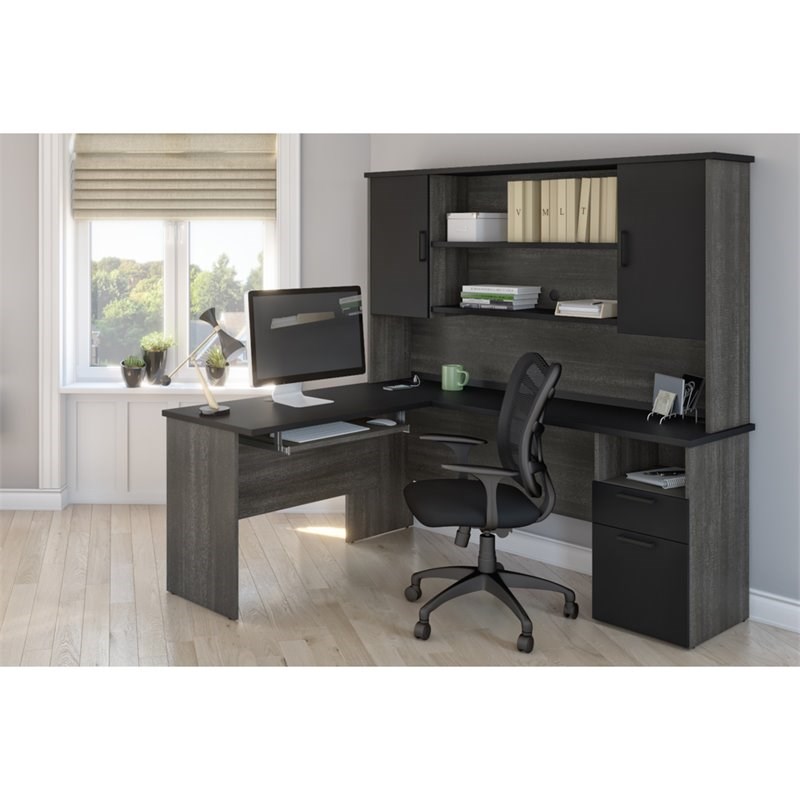 Bestar Norma L Shaped Computer Desk with Hutch in Black and Bark Gray