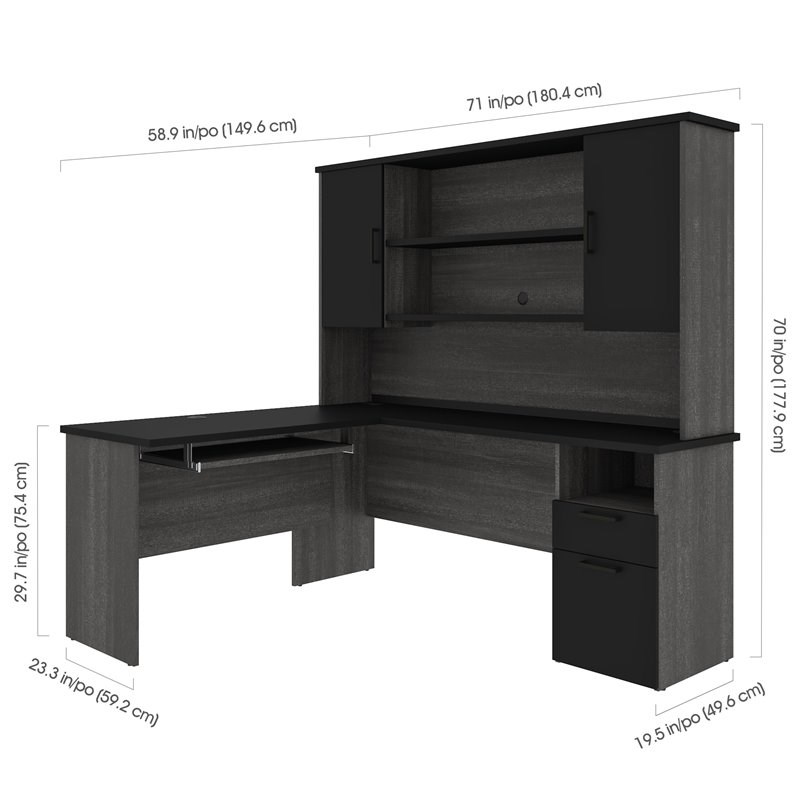 Bestar Norma L Shaped Computer Desk with Hutch in Black and Bark Gray