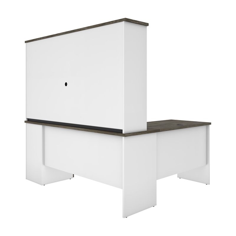 Bestar Norma L Shaped Computer Desk with Hutch in Walnut Gray and White