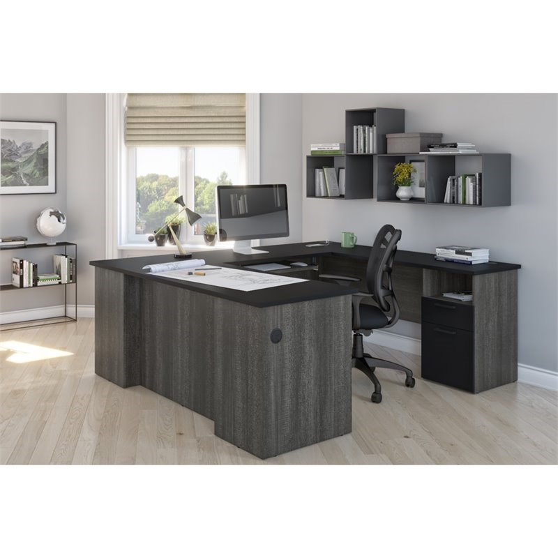 Bestar Norma Modern U Shaped Wood Computer Desk in Black and Bark Gray