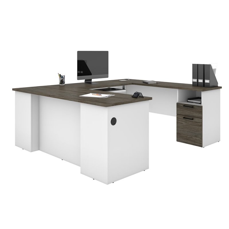 Bestar Norma U Shaped Computer Desk in Walnut Gray and White