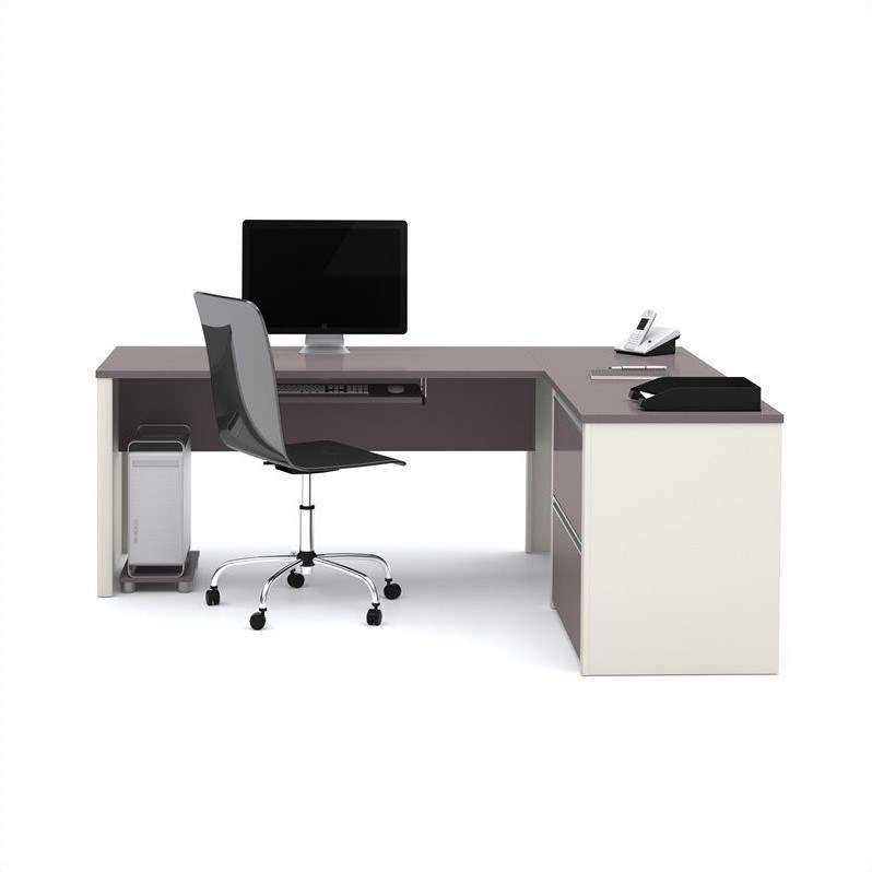 Bestar Connexion L-Shaped Desk with 1 Oversized Pedestal in Sandstone & Slate