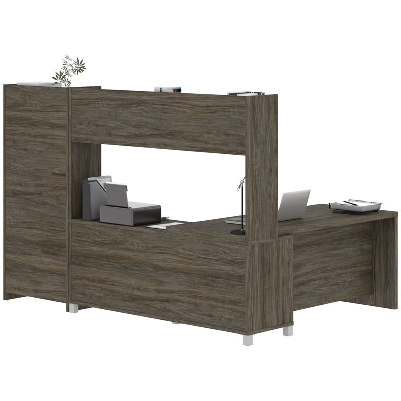 Bestar Pro-Linea 3 Piece Wooden L Shaped Writing Office Set in Walnut Gray