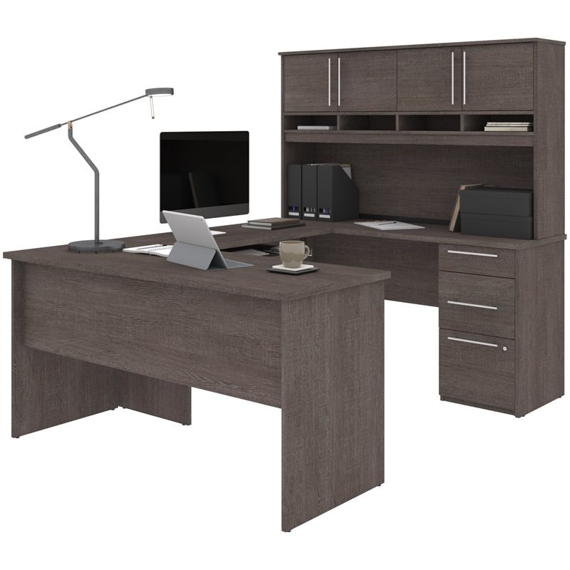 Bestar Innova Wooden Configurable Computer Desk with Hutch in Bark Gray
