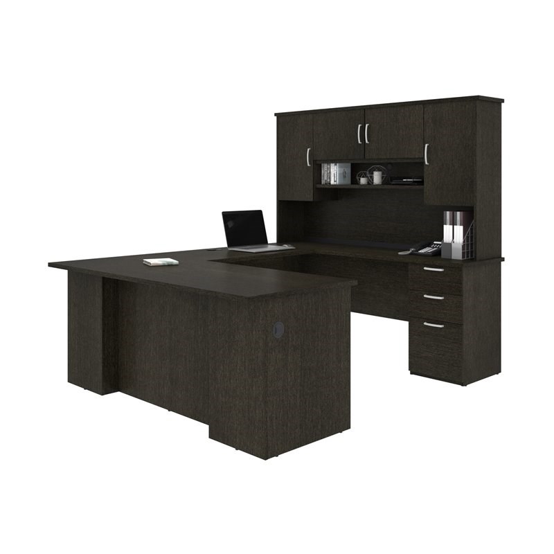 Bestar Murzim U or L-Shaped Executive Desk with Hutch in Deep Gray