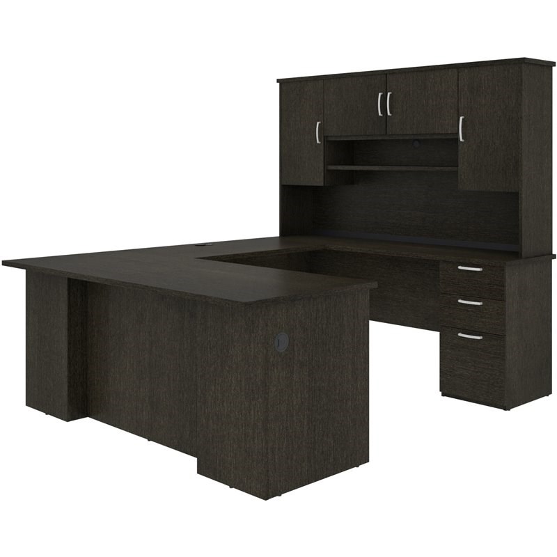 Bestar Murzim U or L-Shaped Executive Desk with Hutch in Deep Gray