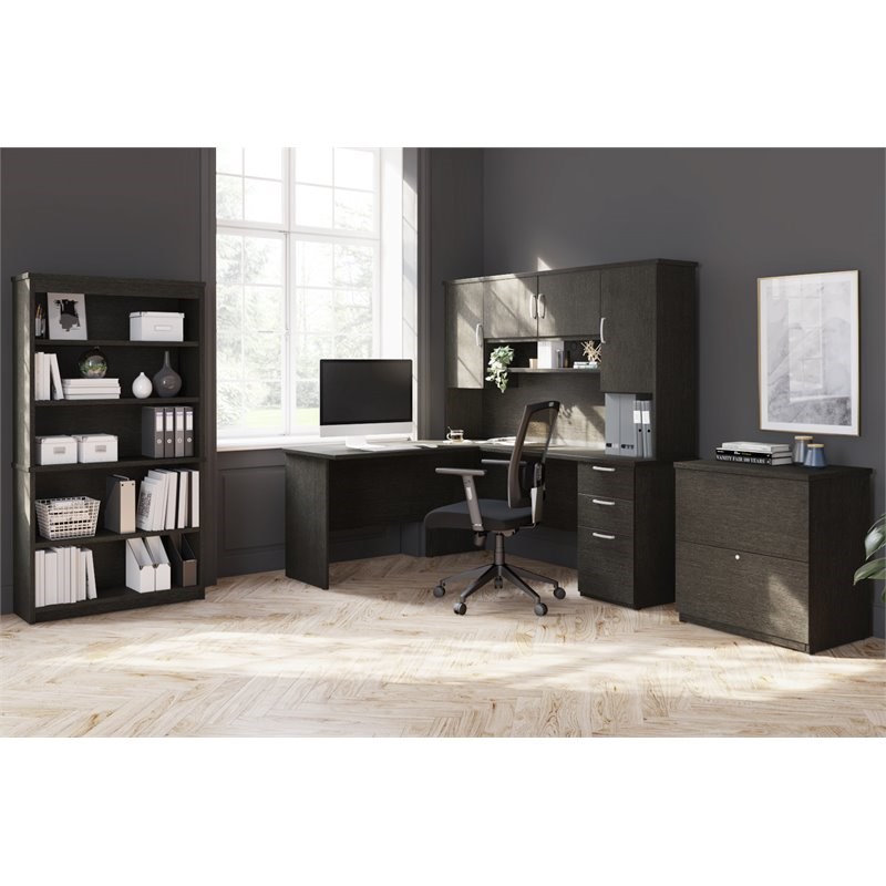 Bestar Murzim 4 Piece L-Shaped Desk Office Set in Deep Gray