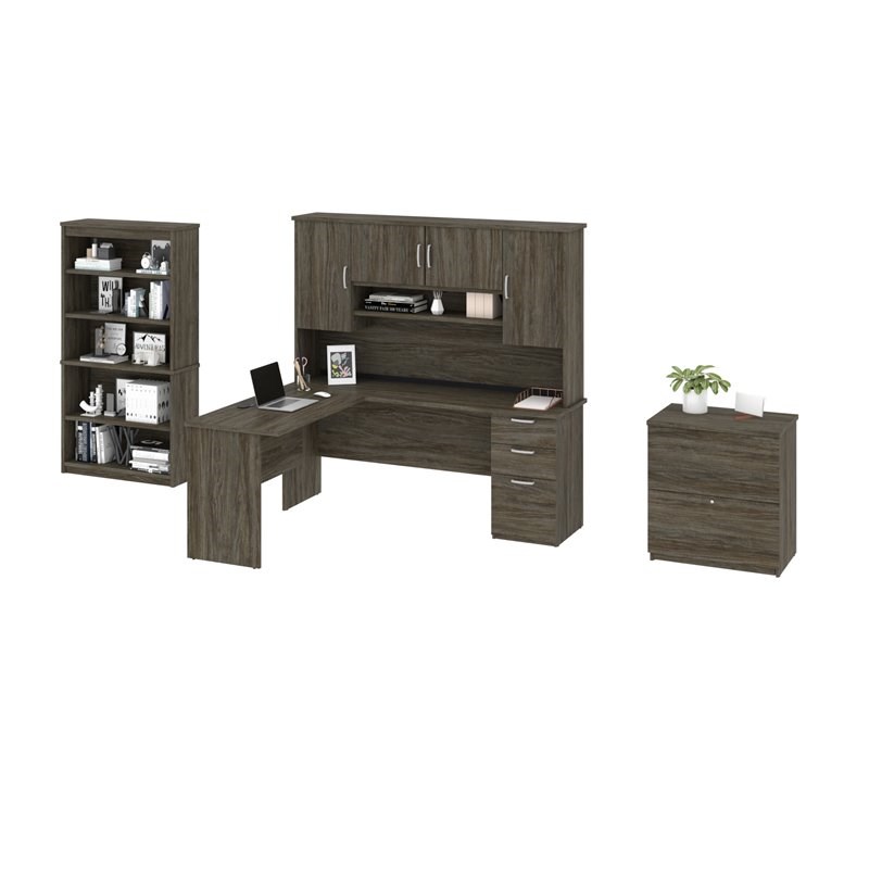 Bestar Murzim 4 Piece L-Shaped Desk Office Set in Walnut Gray