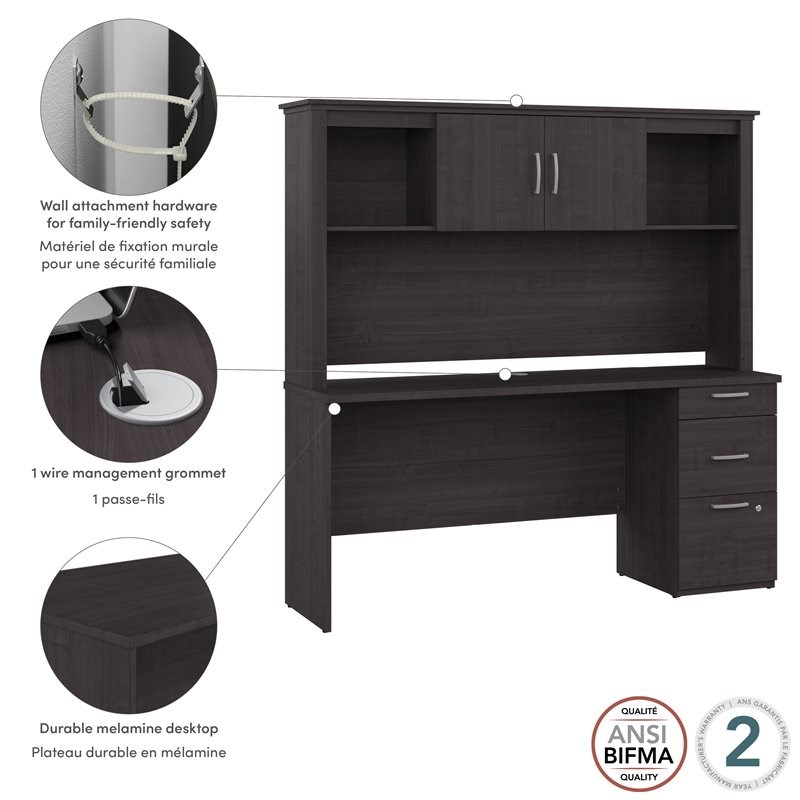 Bestar Logan Engineered Wood Computer Desk with Hutch in Charcoal Maple