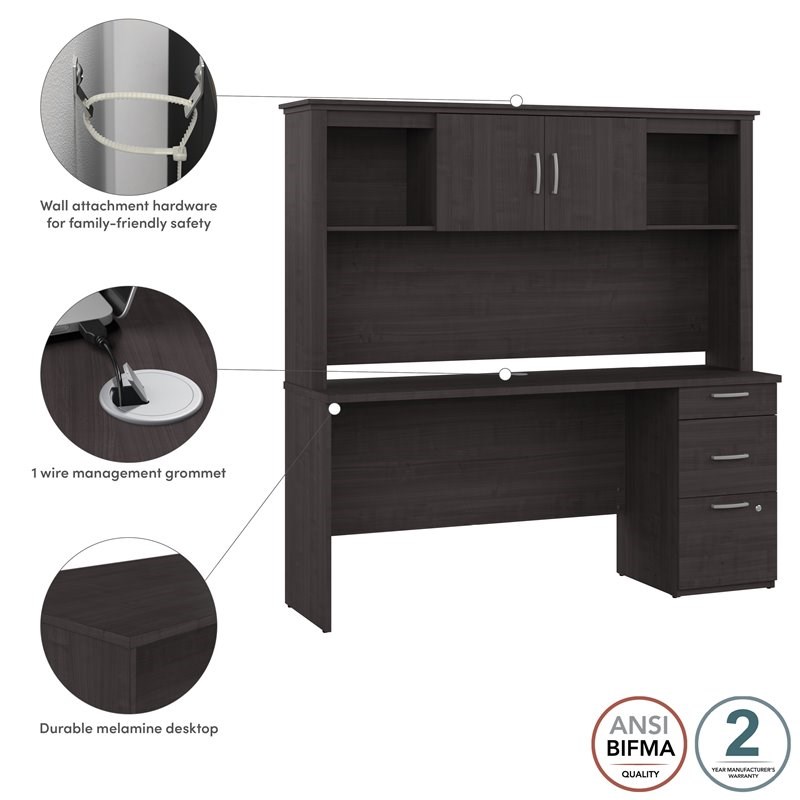 Bestar Logan Engineered Wood Computer Desk with Hutch in Charcoal Maple