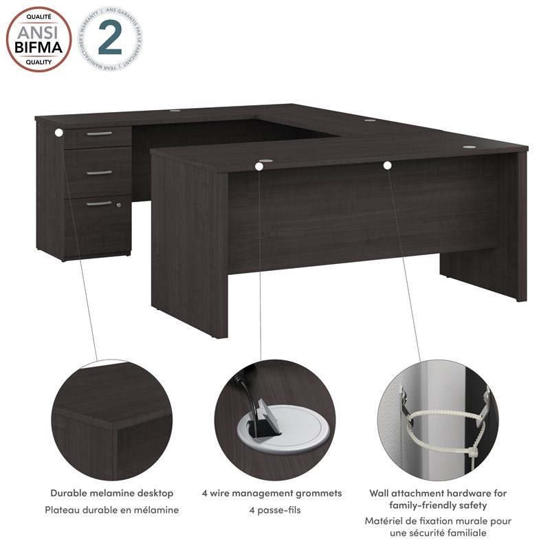 Bestar Logan UShaped Contemporary Engineered Wood Desk in Charcoal