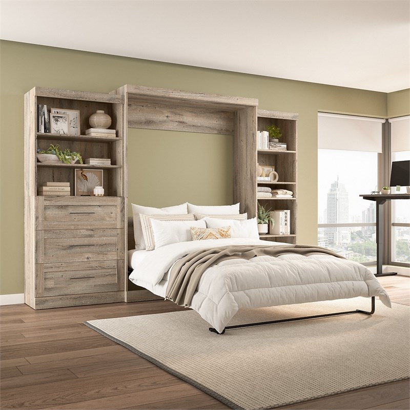 Bestar Pur Wood Queen Murphy Bed with Shelving & Drawers in Rustic Brown
