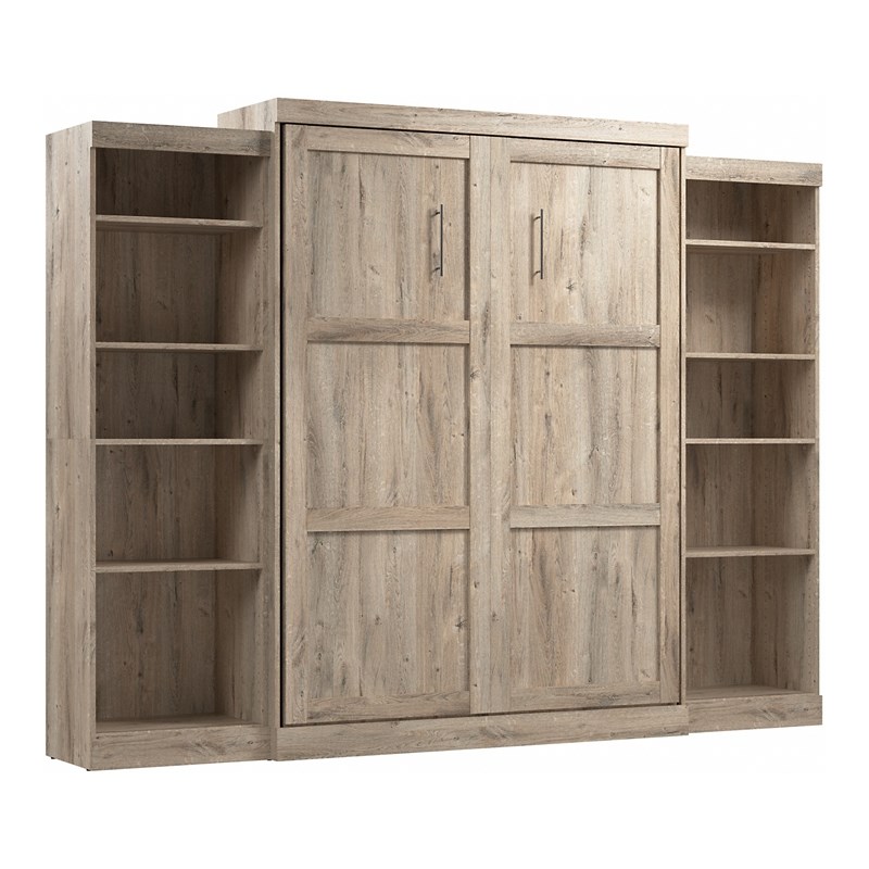 Bestar Pur Wood Queen Murphy Bed with 2 Storage Units in Rustic Brown
