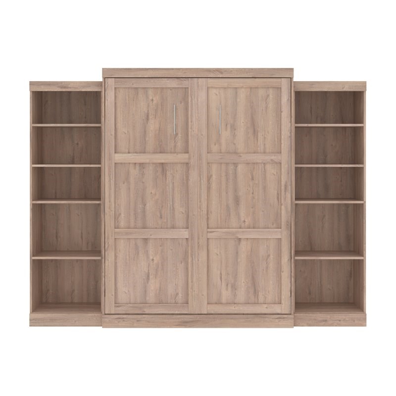 Bestar Pur Wood Queen Murphy Bed with 2 Storage Units in Rustic Brown