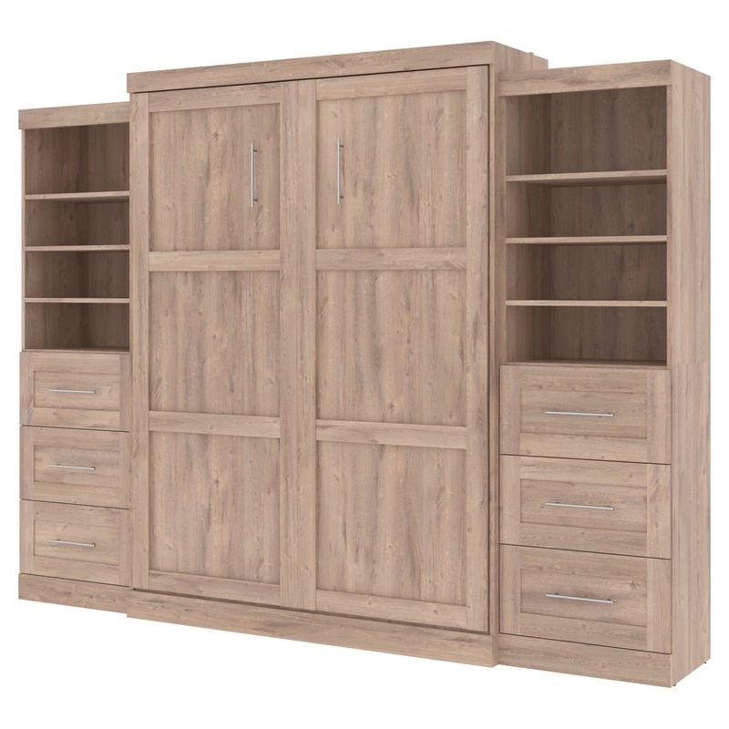 Bestar Pur Wood Queen Murphy Bed with 2 Storage Units & Drawers in Rustic Brown