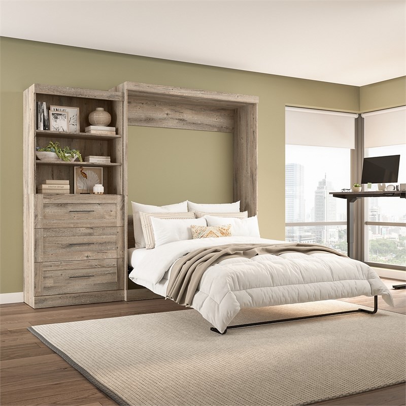 Bestar Pur Wood Queen Murphy Bed with Storage Unit & Drawers in Rustic Brown