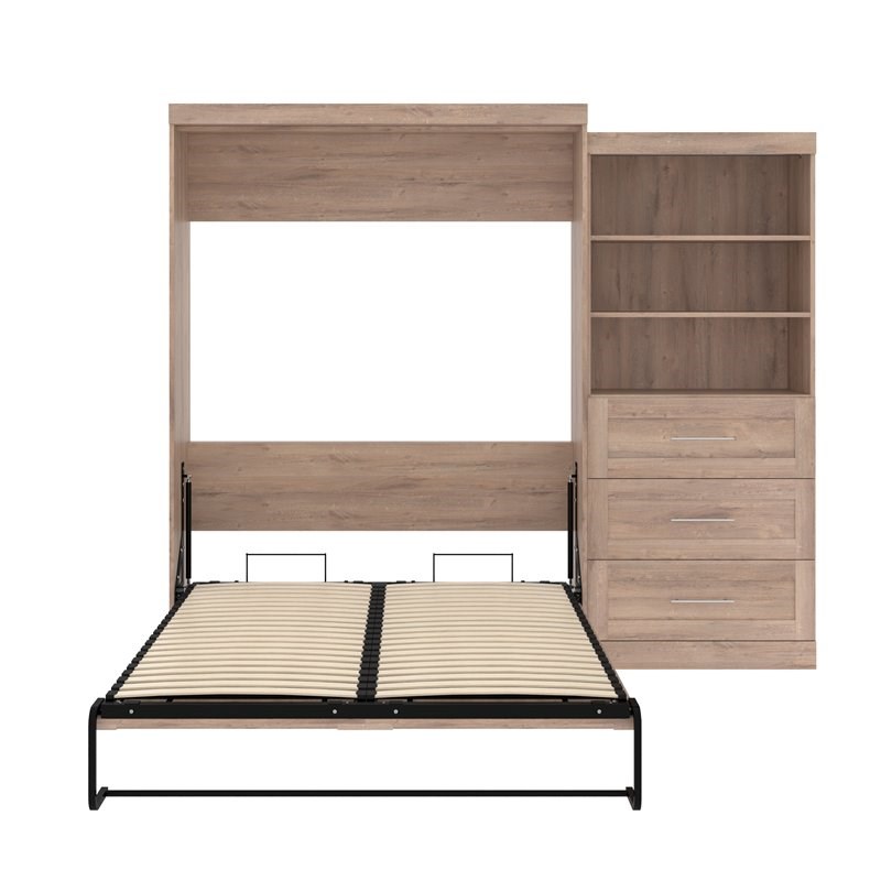 Bestar Pur Wood Queen Murphy Bed with Storage Unit & Drawers in Rustic Brown