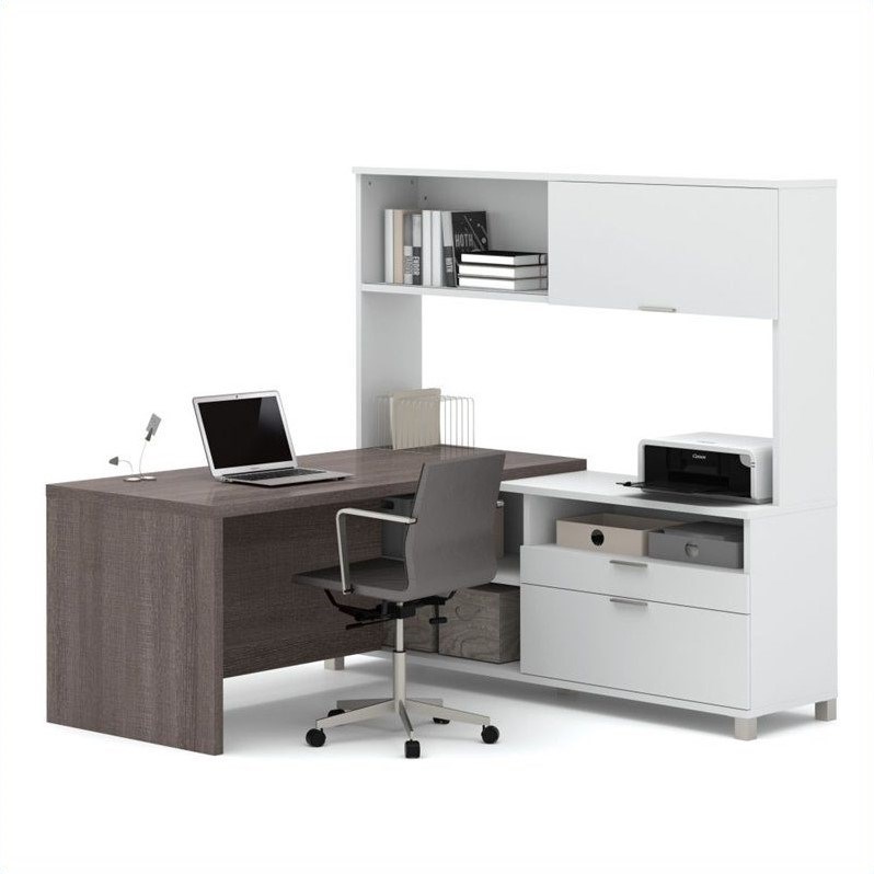Bestar Pro-Linea L-Desk with Hutch in White and Bark Grey