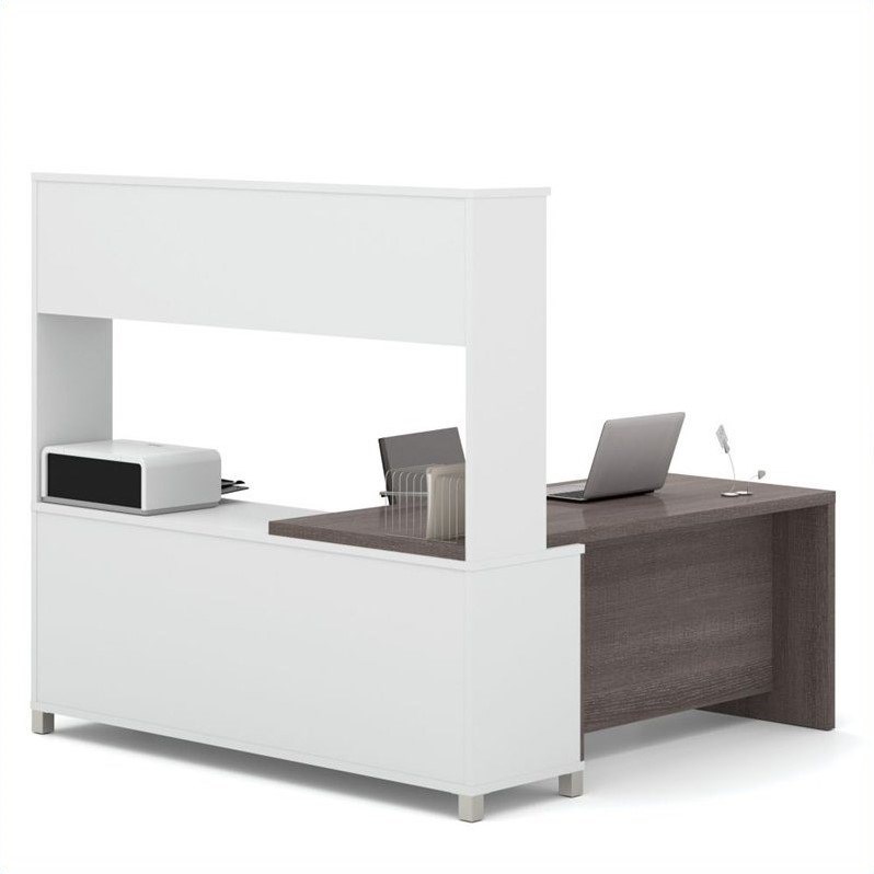 Bestar Pro-Linea L-Desk with Hutch with Doors in White and Bark Grey
