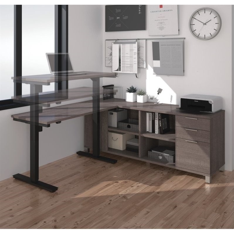 Bestar Pro Linea L Shape Power Adjustable Table in Bark Gray
