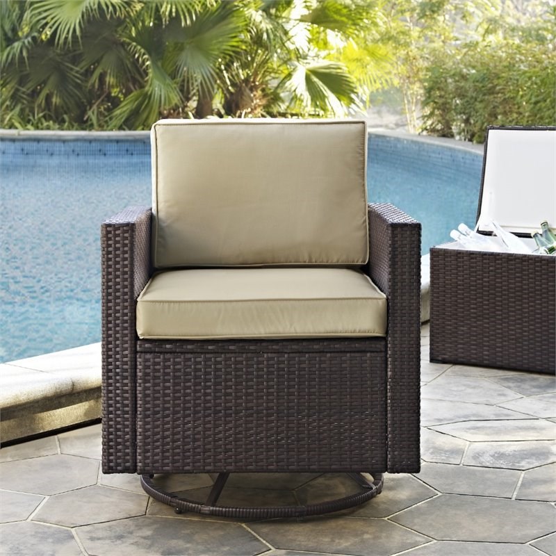 Crosley Palm Harbor Wicker Swivel Patio Arm Chair in Brown and Sand