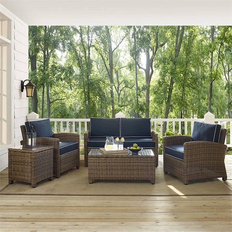 Crosley Bradenton 5 Piece Wicker Patio Sofa Set in Brown and Navy