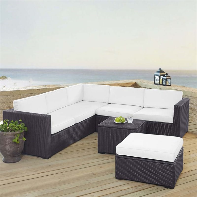 Crosley Biscayne 5 Piece Wicker Patio Sectional Set in Brown and White