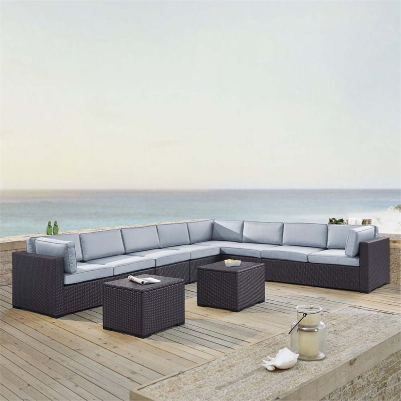 Crosley Biscayne 7 Piece Wicker Patio Sectional Set in Brown and Mist