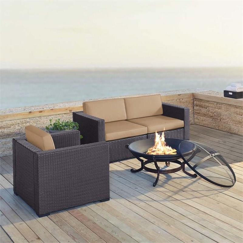 Crosley Biscayne 4 Piece Wicker Patio Fire Pit Sofa Set in Brown and Mocha