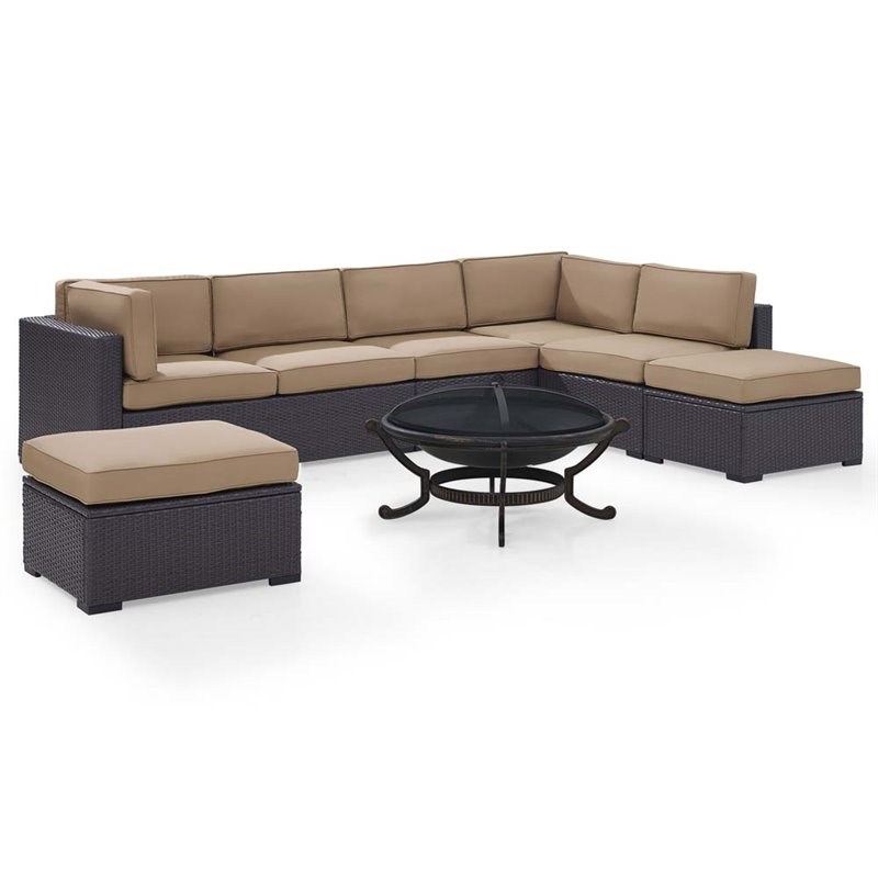Crosley Biscayne 6 Piece Wicker Patio Fire Pit Sectional Set in Brown and Mocha