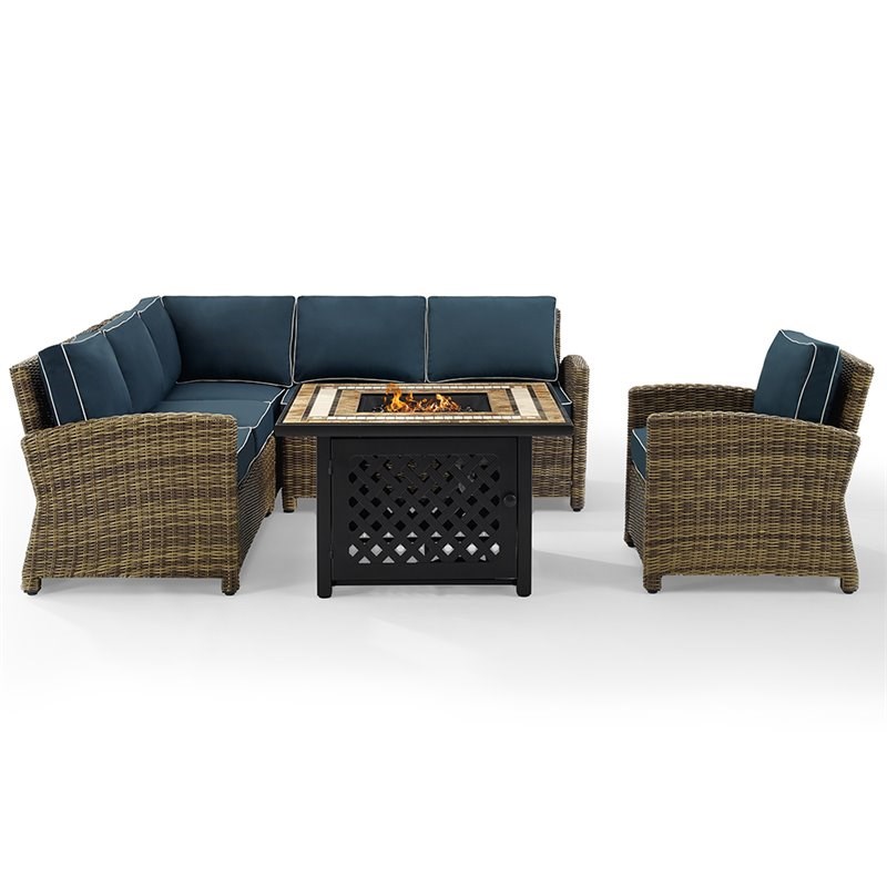 Crosley Bradenton 5 Piece Patio Fire Pit Sectional Set in Brown and Navy