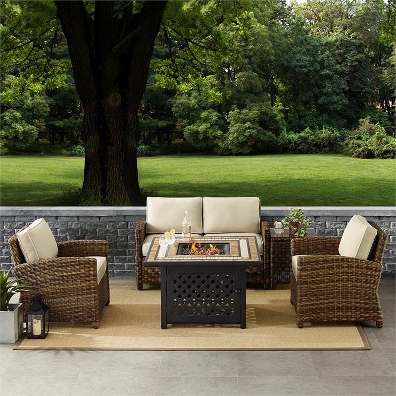 Crosley Bradenton 5 Piece Patio Fire Pit Sofa Set in Brown and Sand