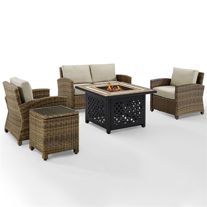 Crosley Bradenton 5 Piece Patio Fire Pit Sofa Set in Brown and Sand