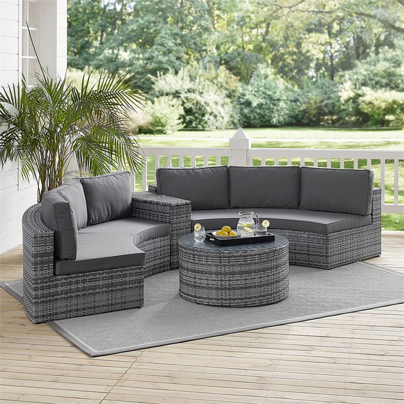 Crosley Catalina 4 Piece Wicker Curved Patio Sectional Set in Gray