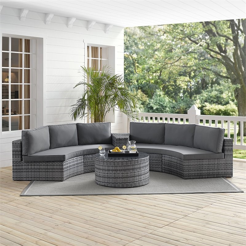 Crosley Catalina 4 Piece Wicker Curved Patio Sectional Set in Gray