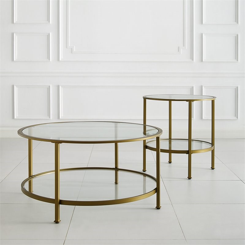 Crosley Aimee 2 Piece Round Glass Top Accent Coffee Table Set in Soft Gold
