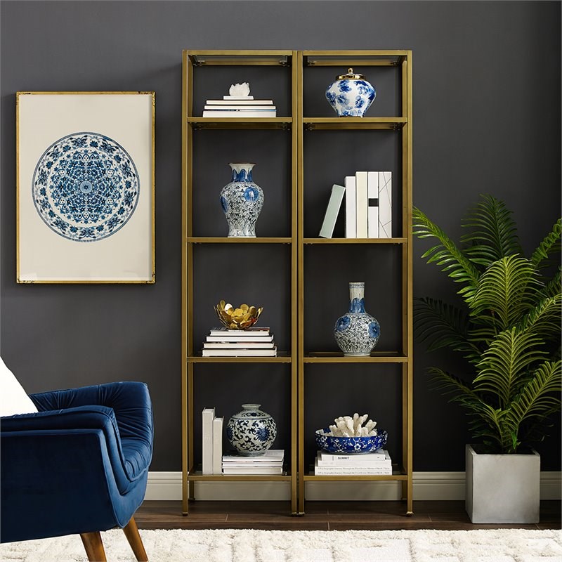 Crosley Aimee 4 Shelf Narrow Glass Etagere Bookcase in Soft Gold (Set of 2)