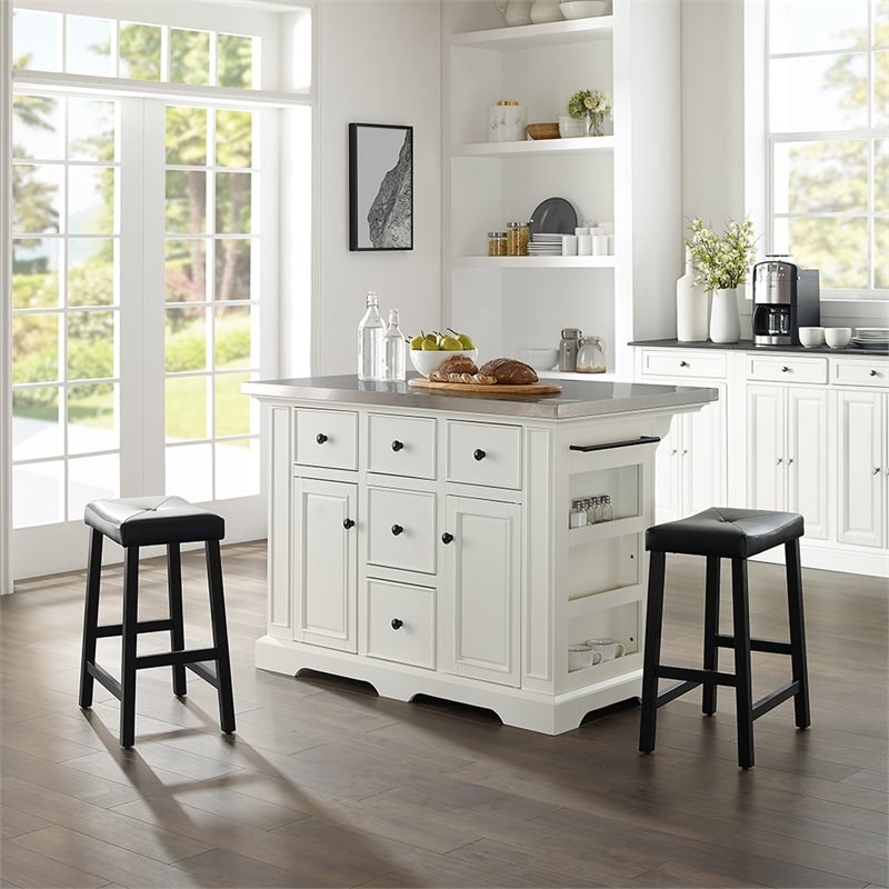 crosley julia stainless steel top kitchen island with saddle stools in