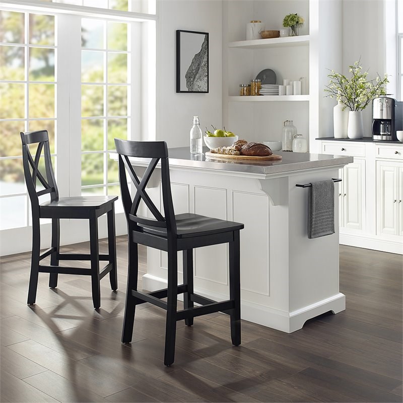 Crosley Julia Stainless Steel Top Kitchen Island with X Back Stools in ...