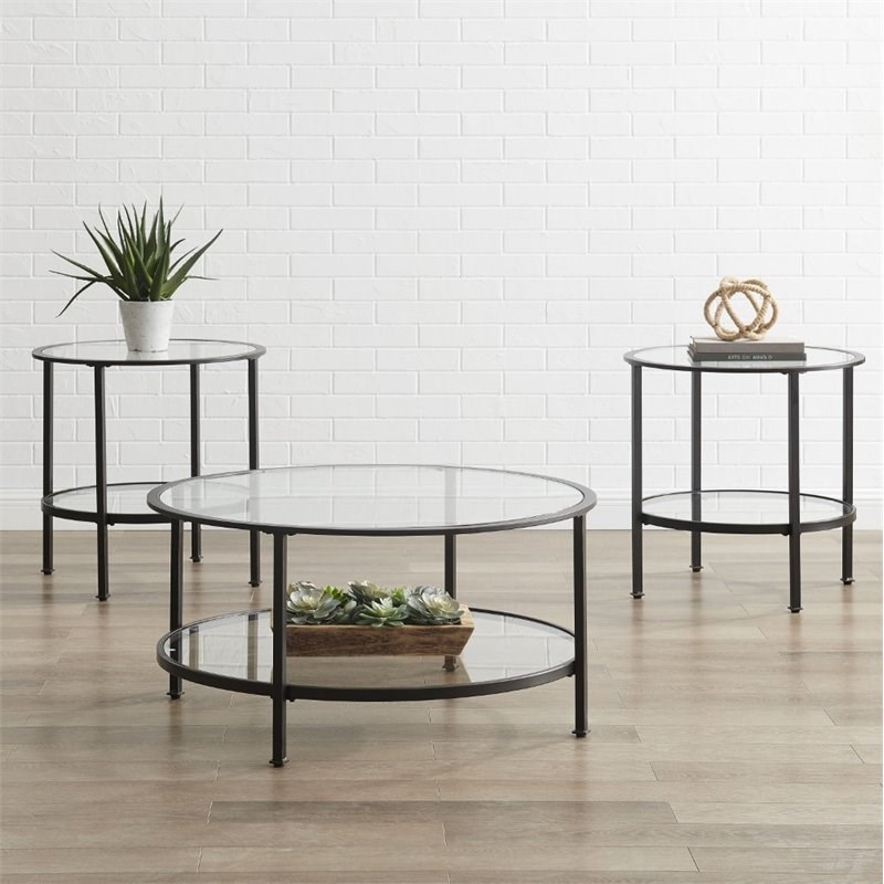 Crosley Aimee 3 Piece Glass Top Coffee Table Set in Oil Rubbed Bronze